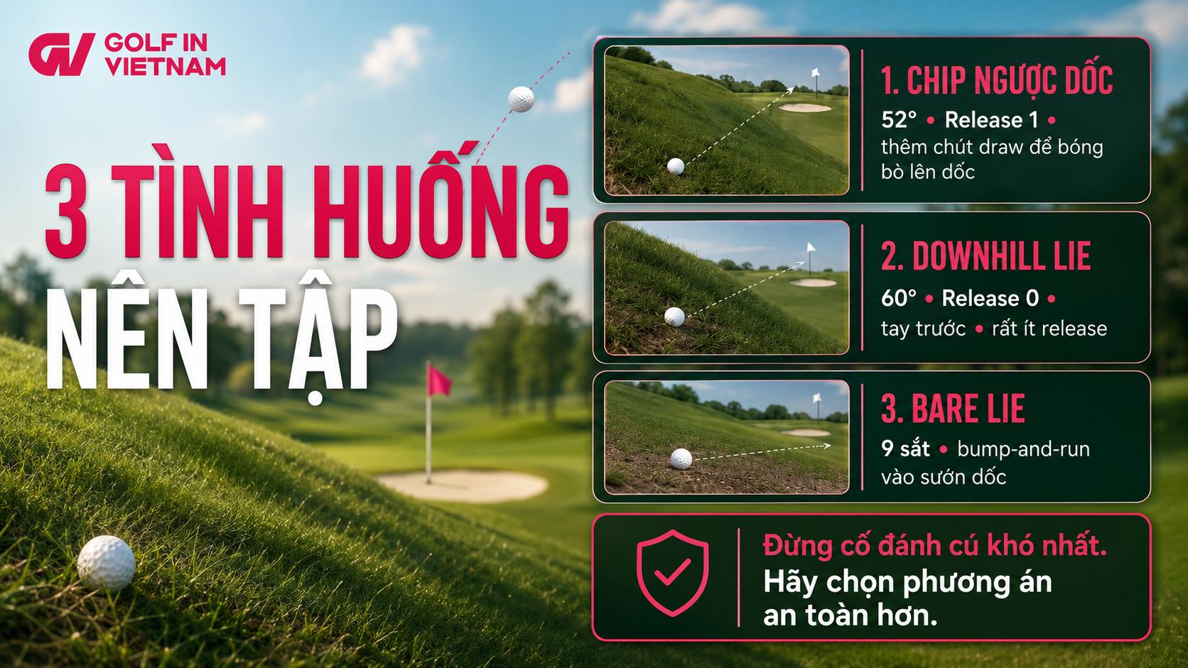 Ba tình huống chip thực tế giúp golfer luyện cách đọc lie, chọn gậy và kiểm soát quỹ đạo phù hợp với từng địa hình quanh green.