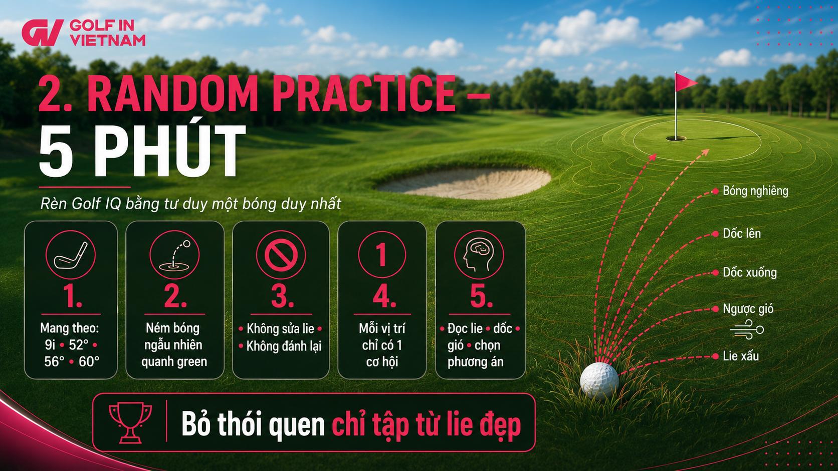 Random Practice giúp golfer phát triển Golf IQ bằng cách đưa ra quyết định như khi thi đấu thay vì lặp lại cùng một cú đánh.
